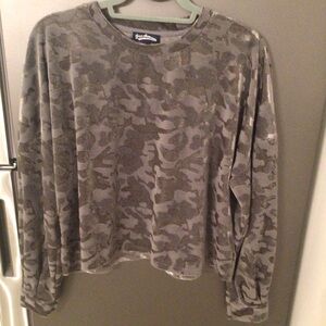 Freshman Women Burnout Velvet Green Camo Crop Top Sz L Military Grunge Utility